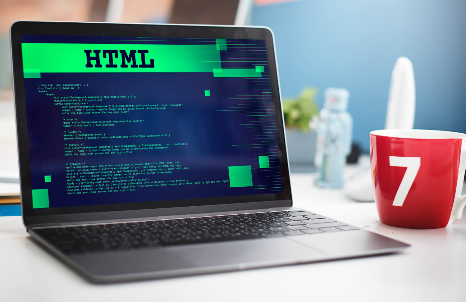 semantic HTML depicted by lines of HTML code on a laptop and a cup with the inscription 7