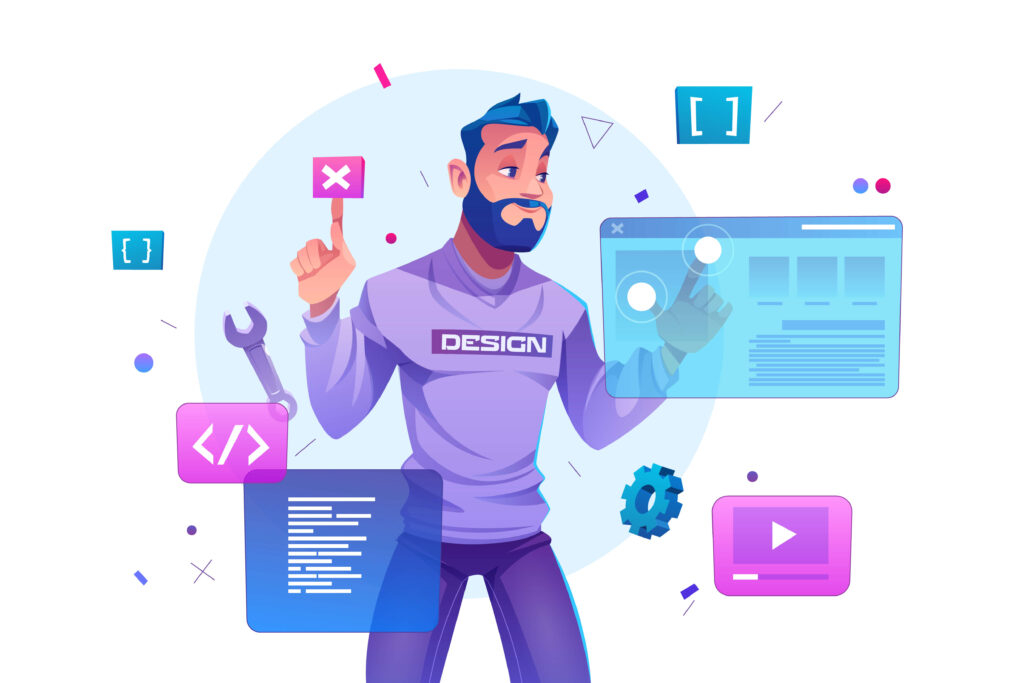 Web design practices, programmer engineering and coding website on augmented reality interface screens. developer project engineer programming software or application design, Cartoon illustration