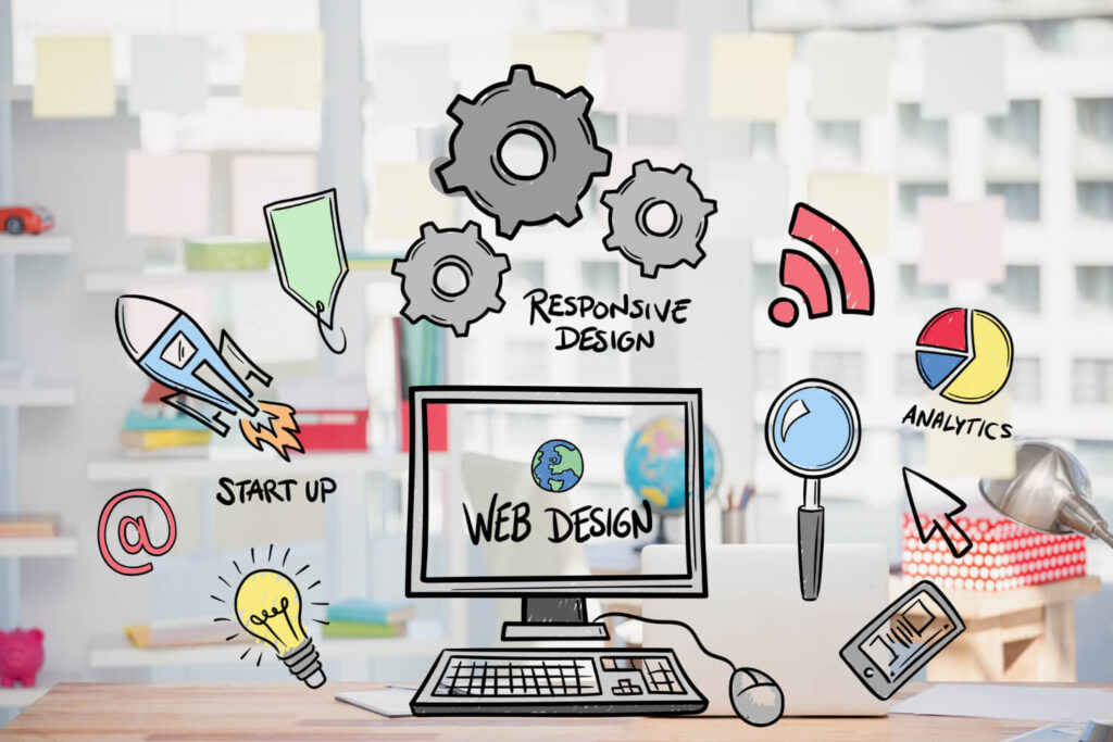 Web design concept illustrated with drawings in relation to a website management process